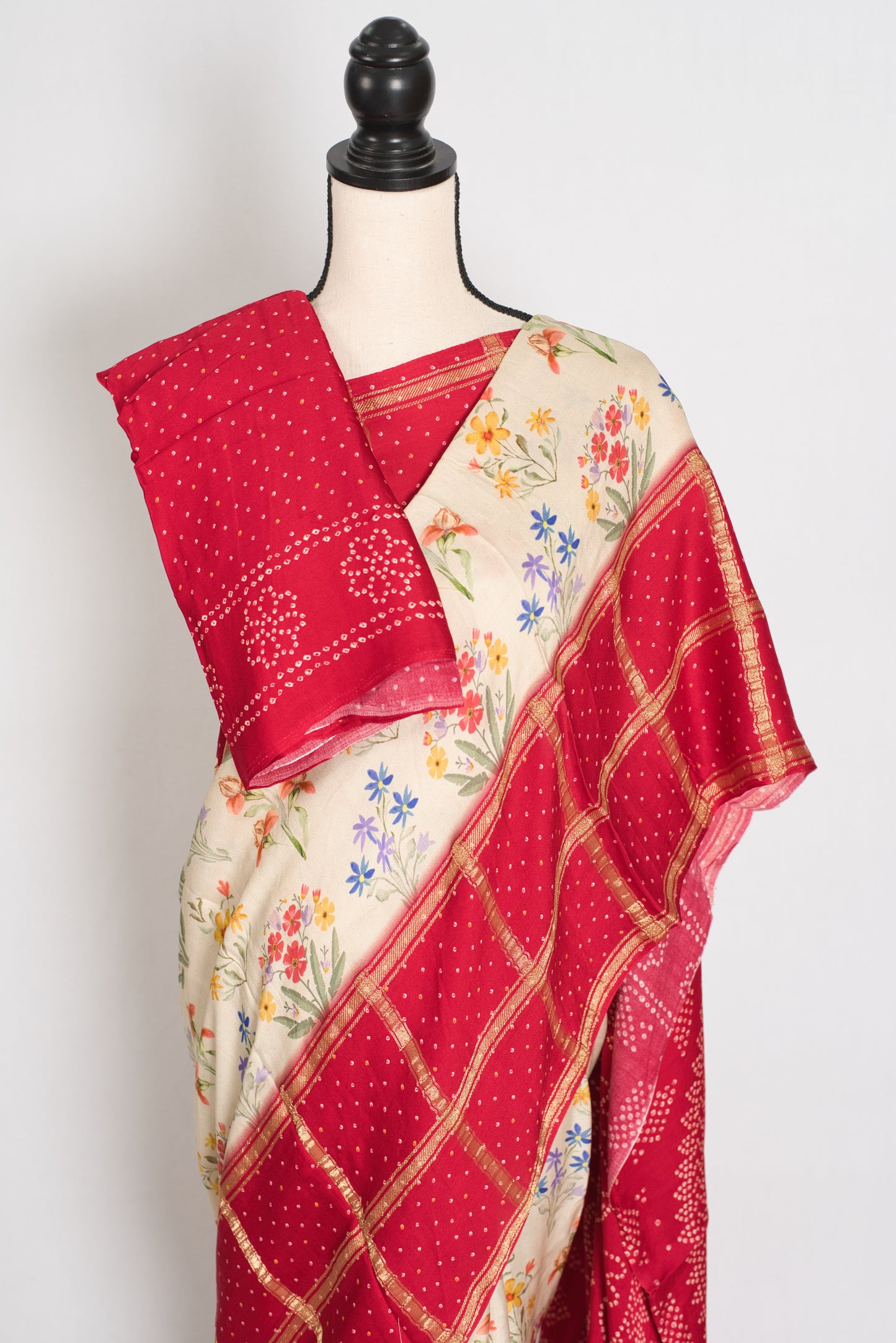 Mehuli | Cream & Rosy Red Modal Silk Saree | Gharchola & Bandhani Print image 3