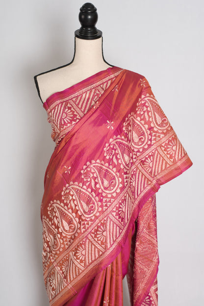 Mitra : Coral Pink Hand Embroidered Kantha Stitch Pure Bangalore Silk Saree image 5