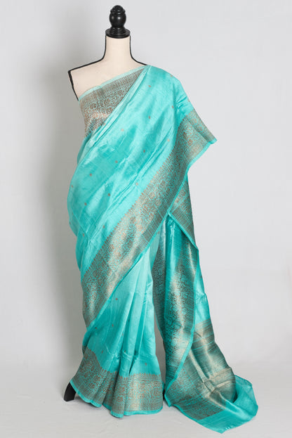 Gemini : Sky Blue Ombre Pure Raw Silk Handwoven Banarasi Saree image 0