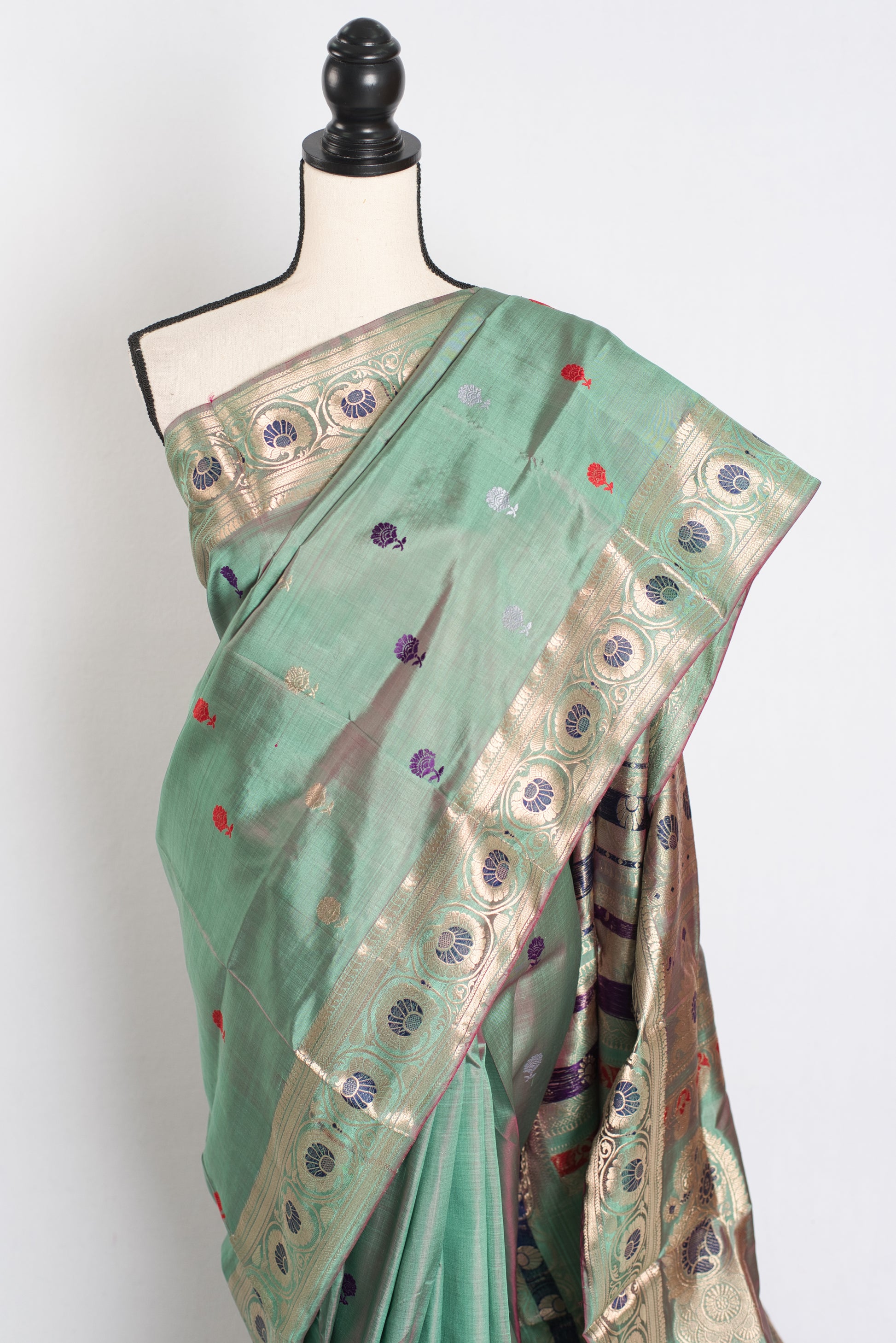 Aahiri : Heritage Revival Baluchari Silk Saree from Bengal  in English Green image 6