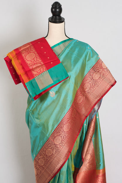 Nandini | Sea Green & Red Ganga Jamuna Border Banarasi Silk Saree image 3