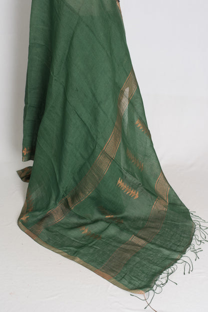 Nidhi : Forest Green Pure Linen by Linen Bengali Linen Jamdani Saree image 3