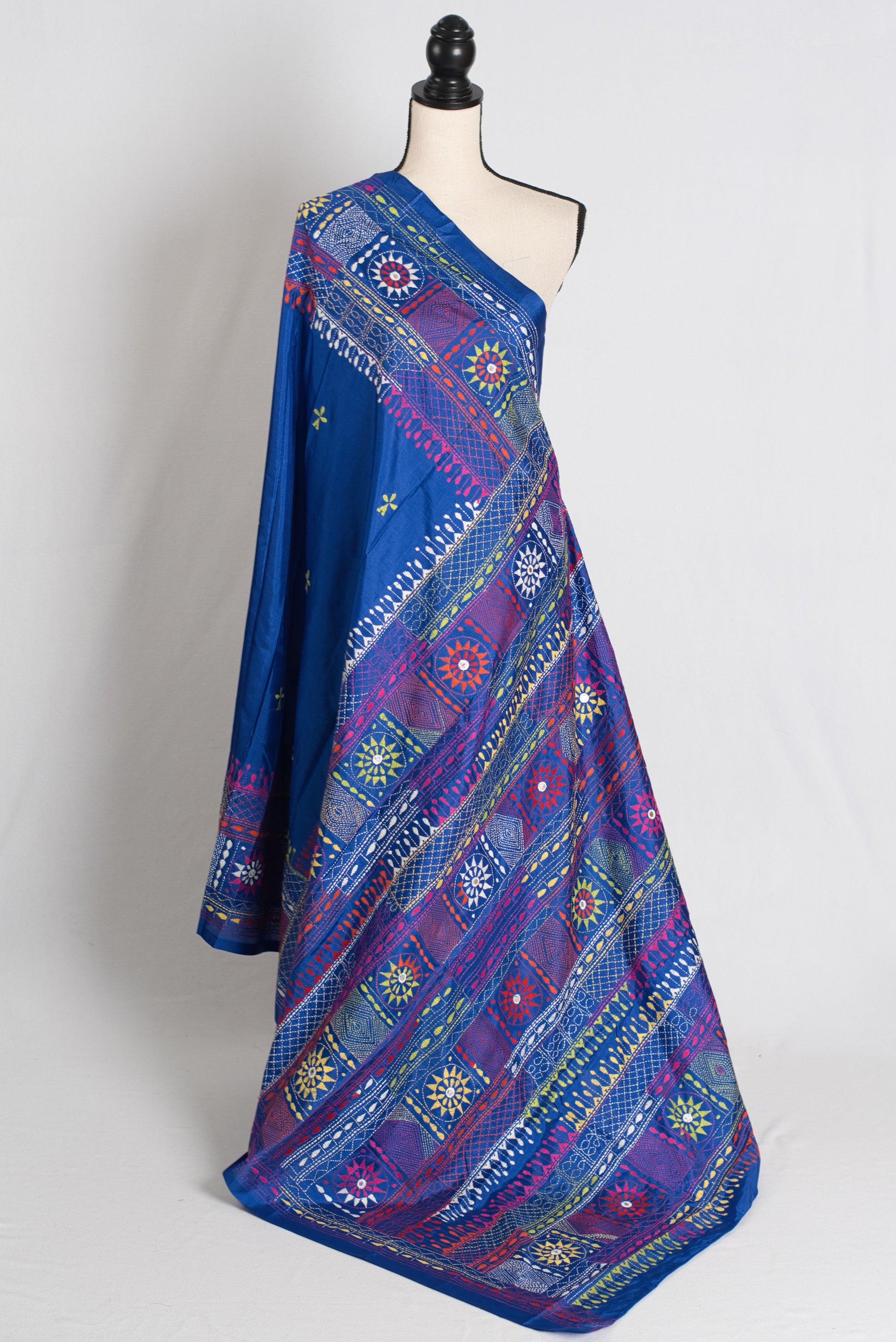 Savitri : Blue Blended Silk Saree with Hand Embroidery Lambani Work image 1