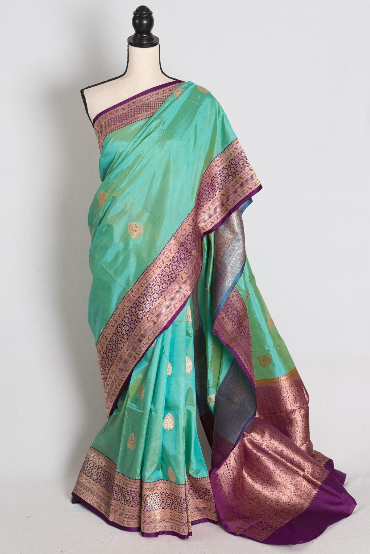 Sea Green and Royal Purple Banarasi saree — view