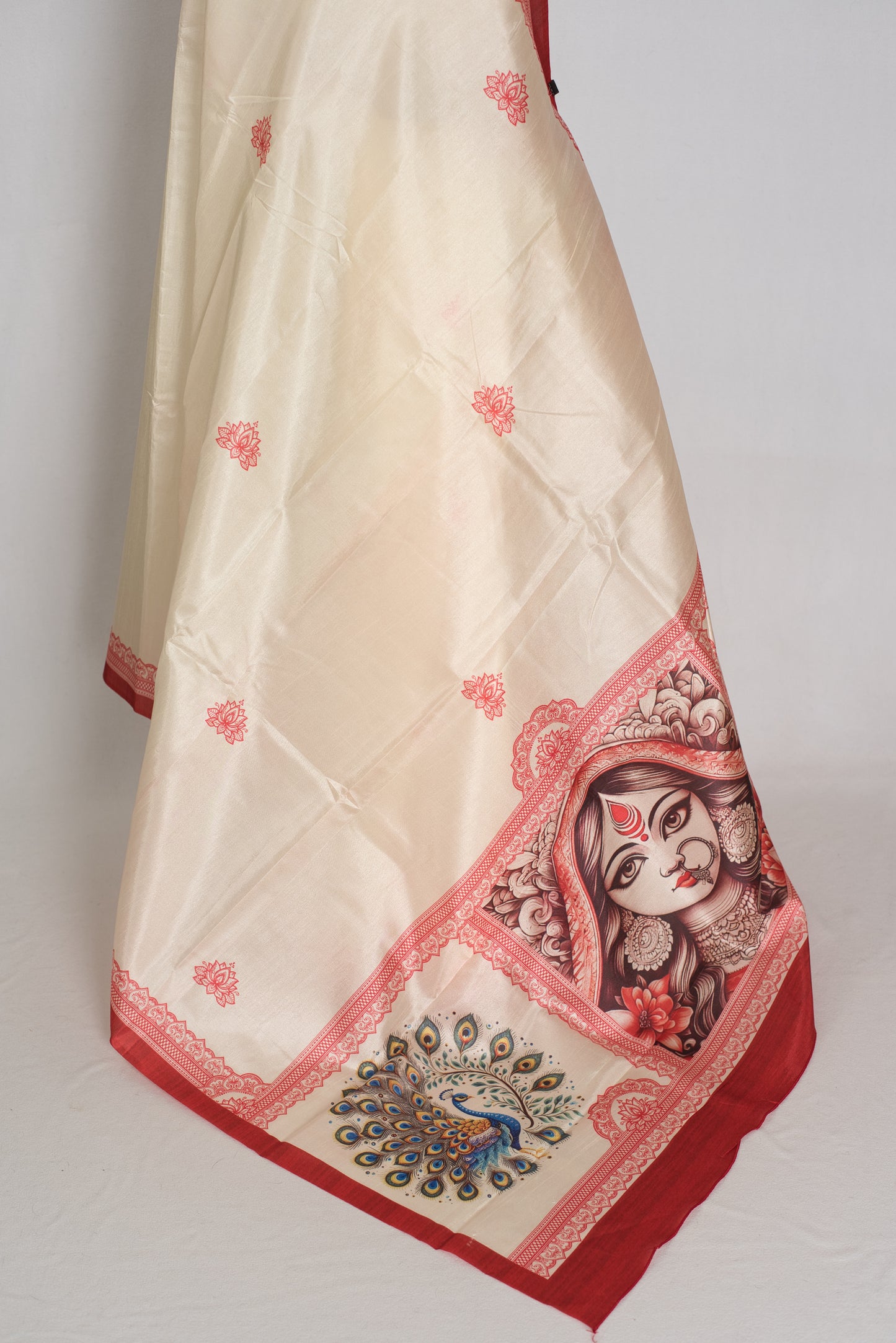 Gayatri: Cream and Red Printed Semi Silk Durga Puja Saree with Durga Pallu image 1