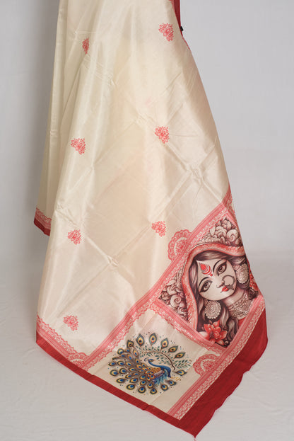 Gayatri: Cream and Red Printed Semi Silk Durga Puja Saree with Durga Pallu image 1