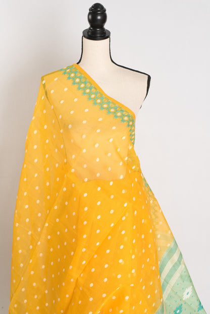 Gayetri : Yellow and Green Blended Soft Cotton Jamdani Bengali Saree image 4