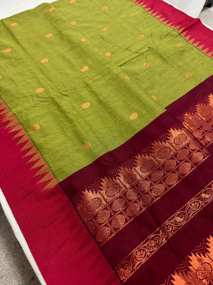Sheuli : Blended Cotton Gadwal Saree in Moss Green and Red image 3