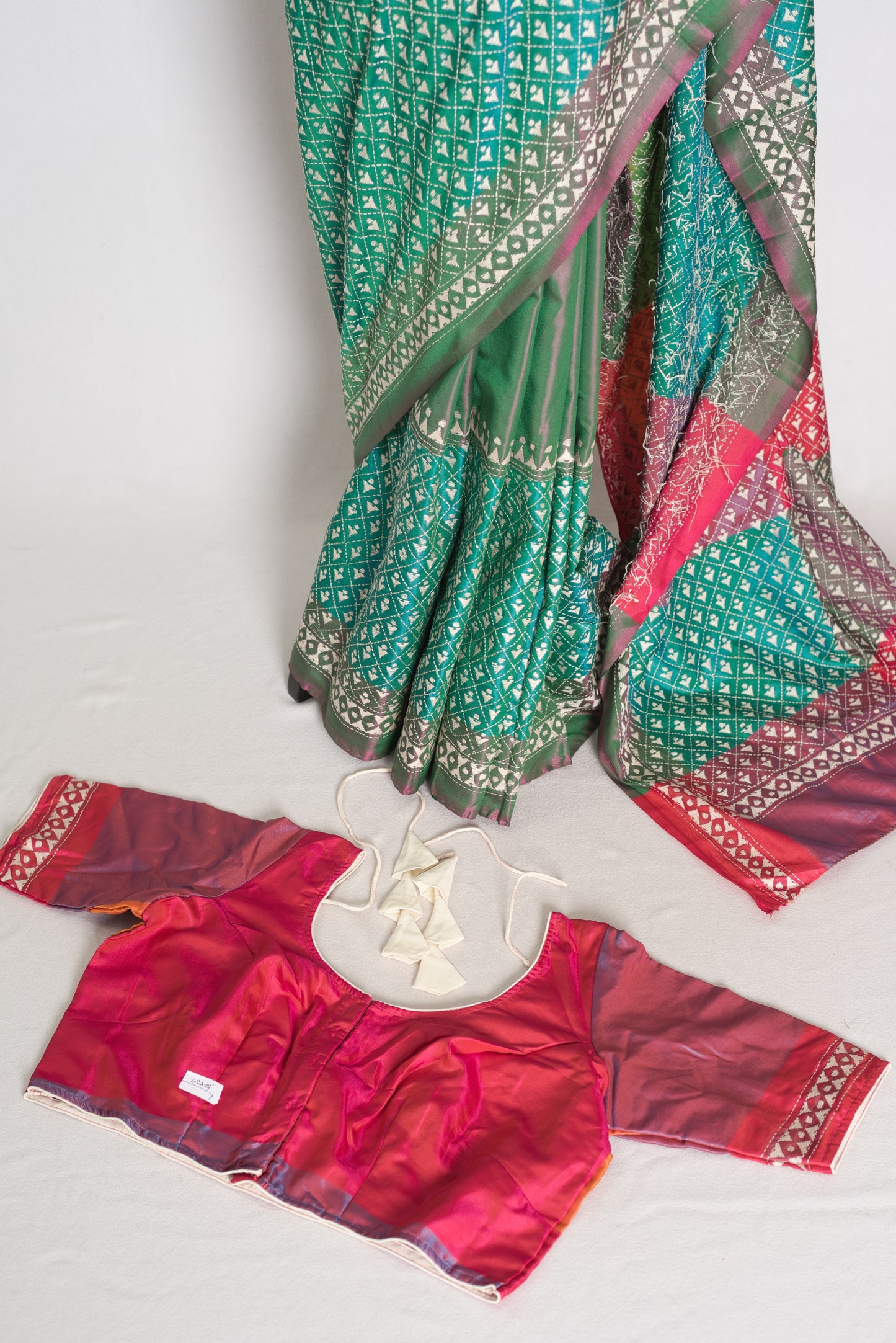 Damini : Green Semi Silk Kantha Embroidery Saree with 42 Size Stitched Blouse image 1