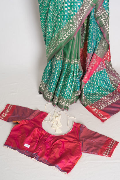 Damini : Green Semi Silk Kantha Embroidery Saree with 42 Size Stitched Blouse image 1