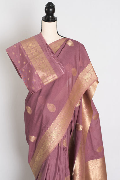 Naaz : Semi Crepe Silk Budget Friendly Banarasi Saree in Purple and Gold image 2