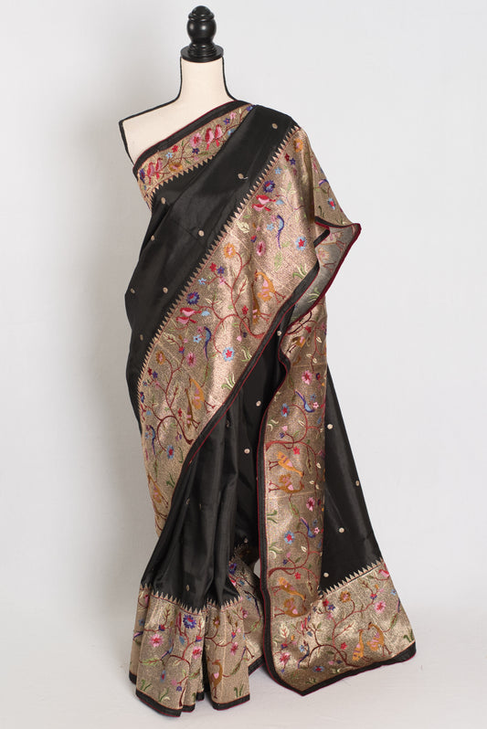 Brinda : Semi Tussar Silk Paithani Embroidered Black Designer Saree image 0