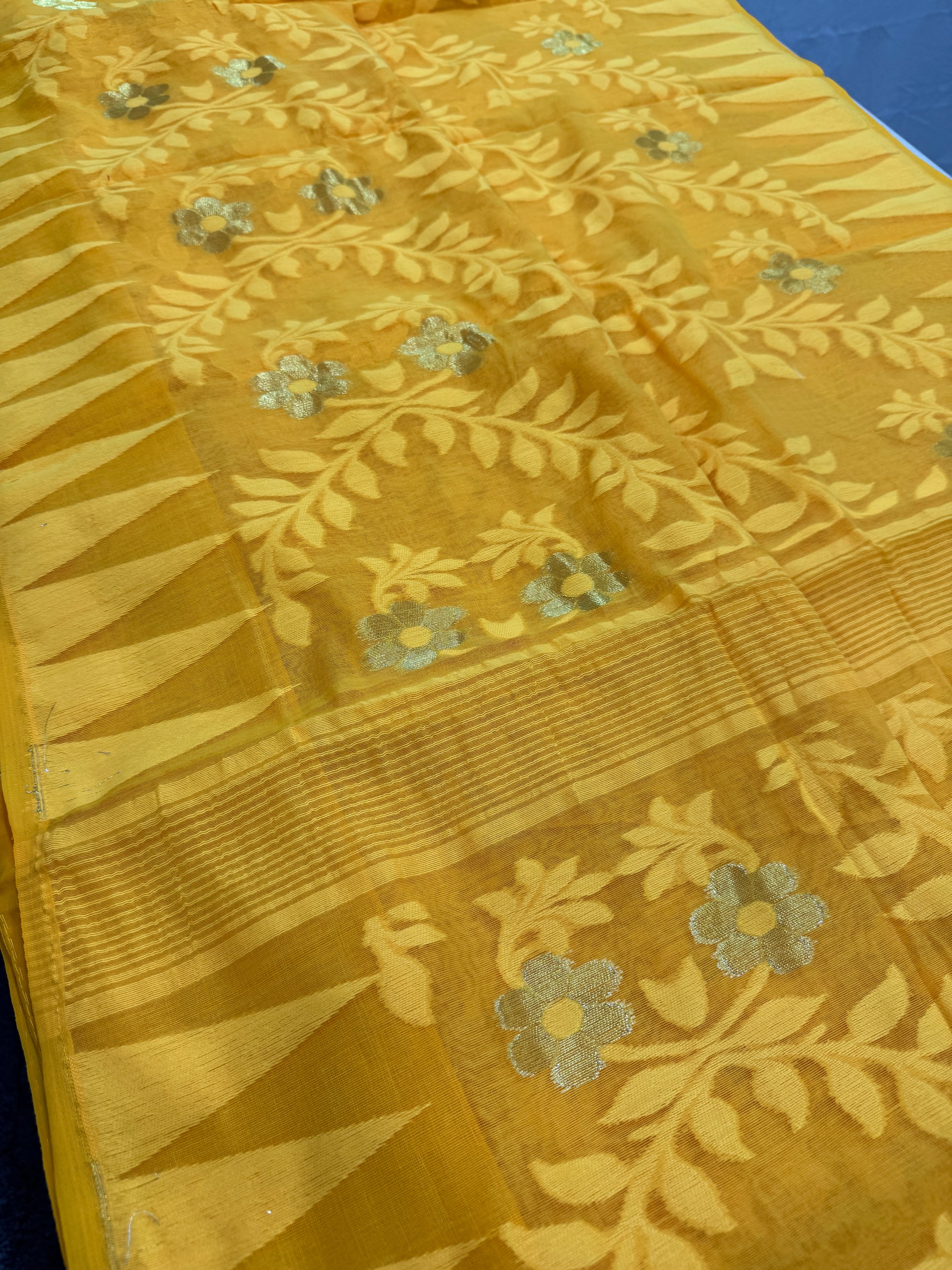 Jaya : Bright Yellow and Gold Blended Soft Cotton Jamdani Saree image 4