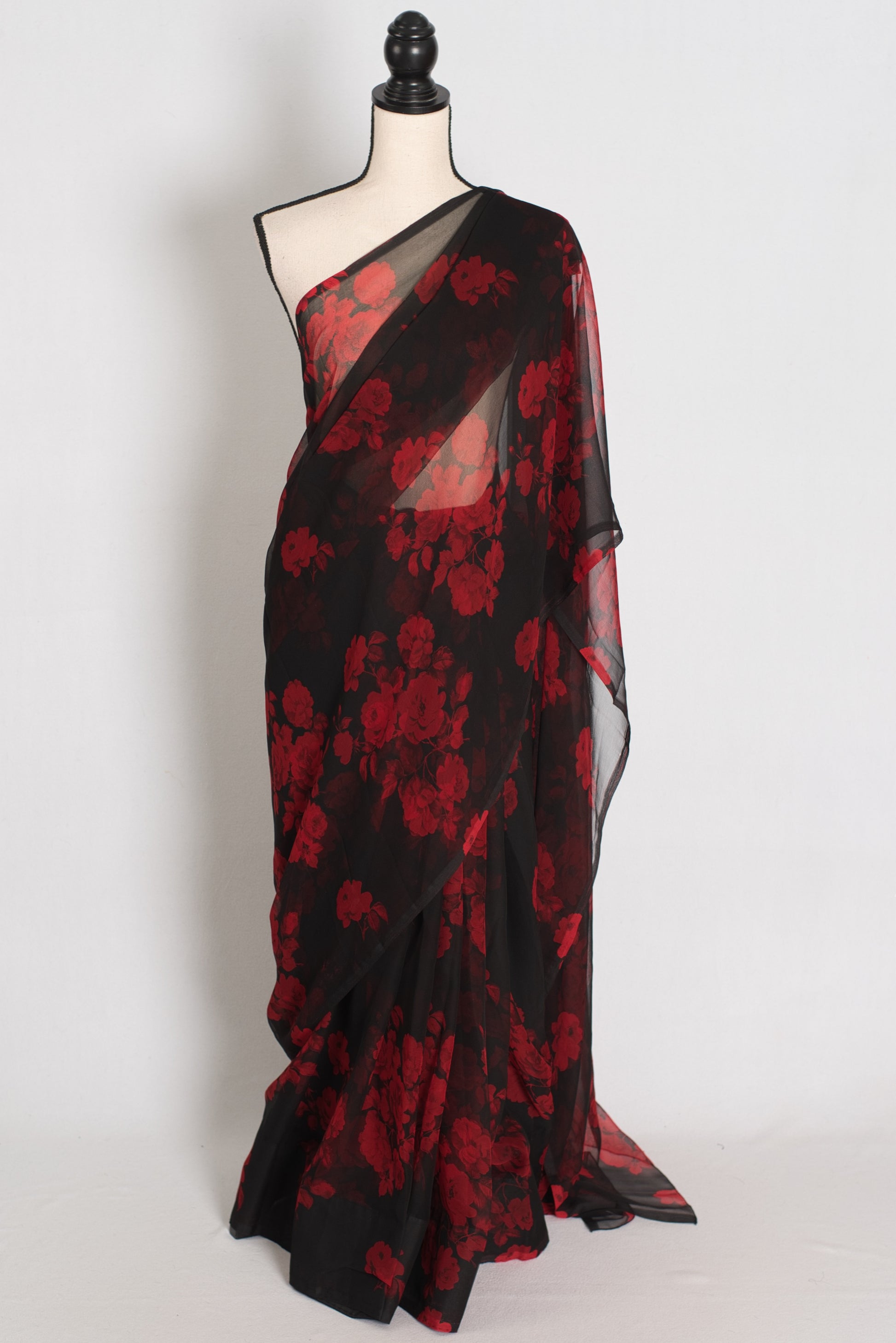 Mita : Black and Red Rose Printed Chiffon Saree - Budget Clearance Edition image 0