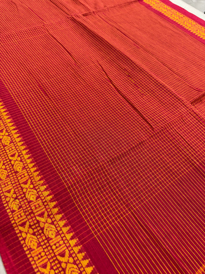 Mahua : Red and Yellow Soft Cotton Dhaniakhali Saree image 4