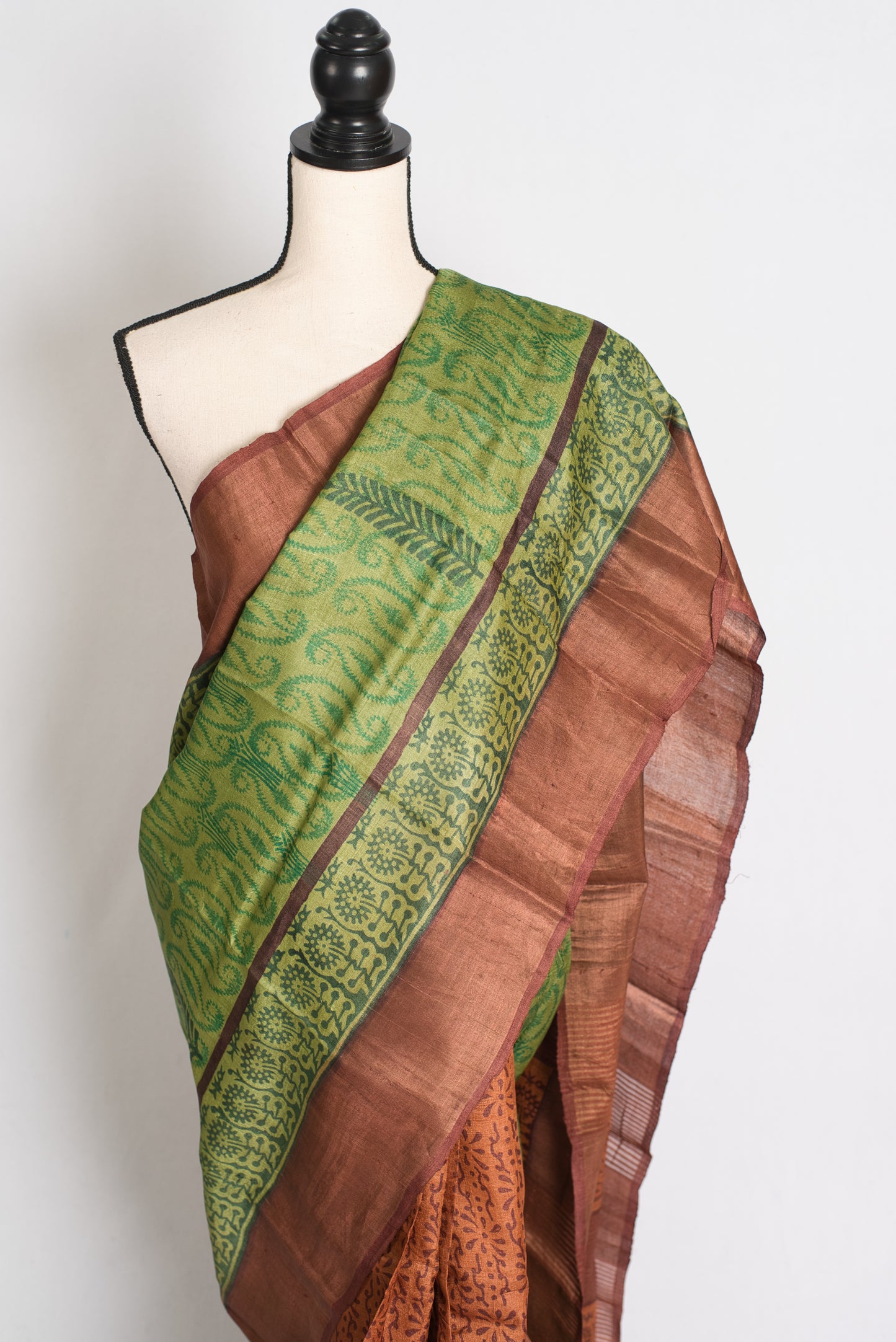 Supriya: Hand Block Printed Tussar Silk Saree in Half and Half Design image 6