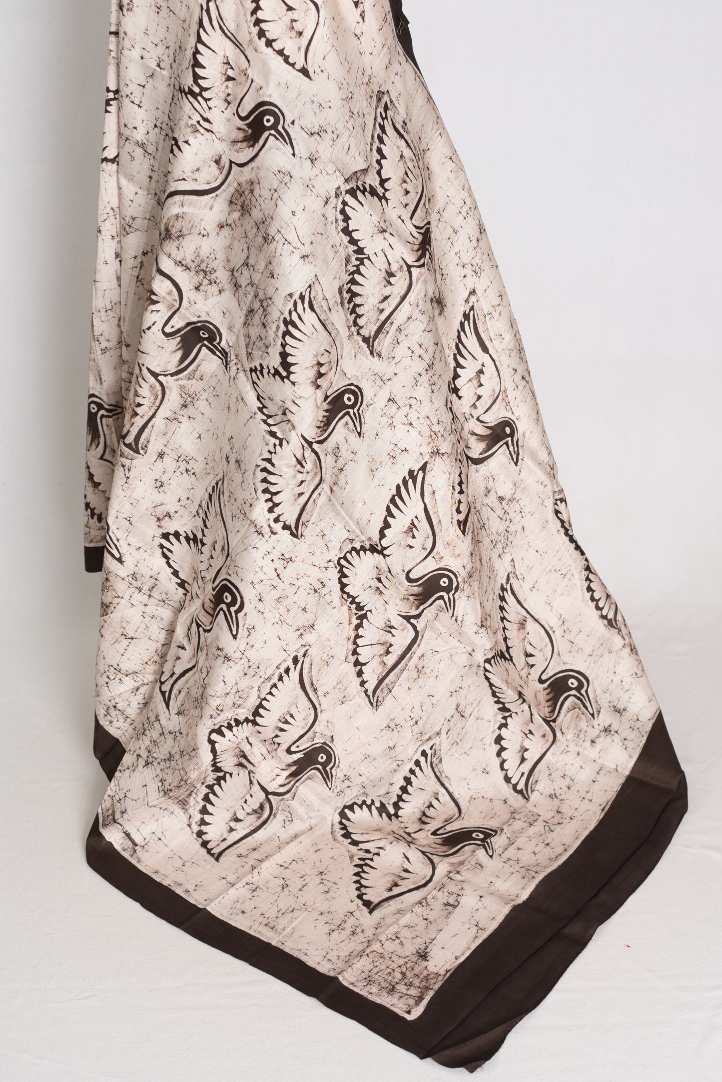 Bristi : Off-White and Coffee Brown Half and Half Hand Batik Pure Silk Saree image 3