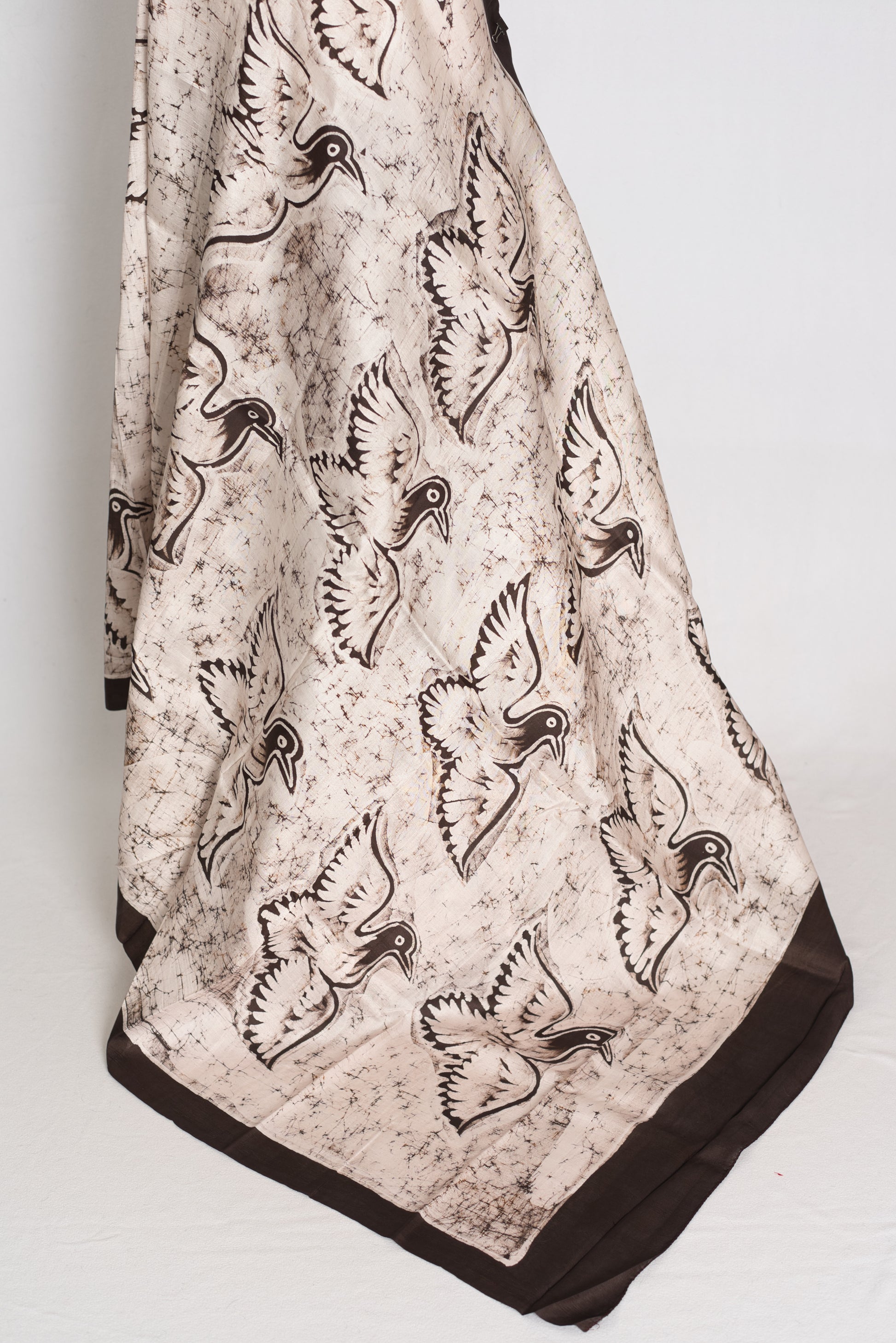 Bristi : Off-White and Coffee Brown Half and Half Hand Batik Pure Silk Saree image 3