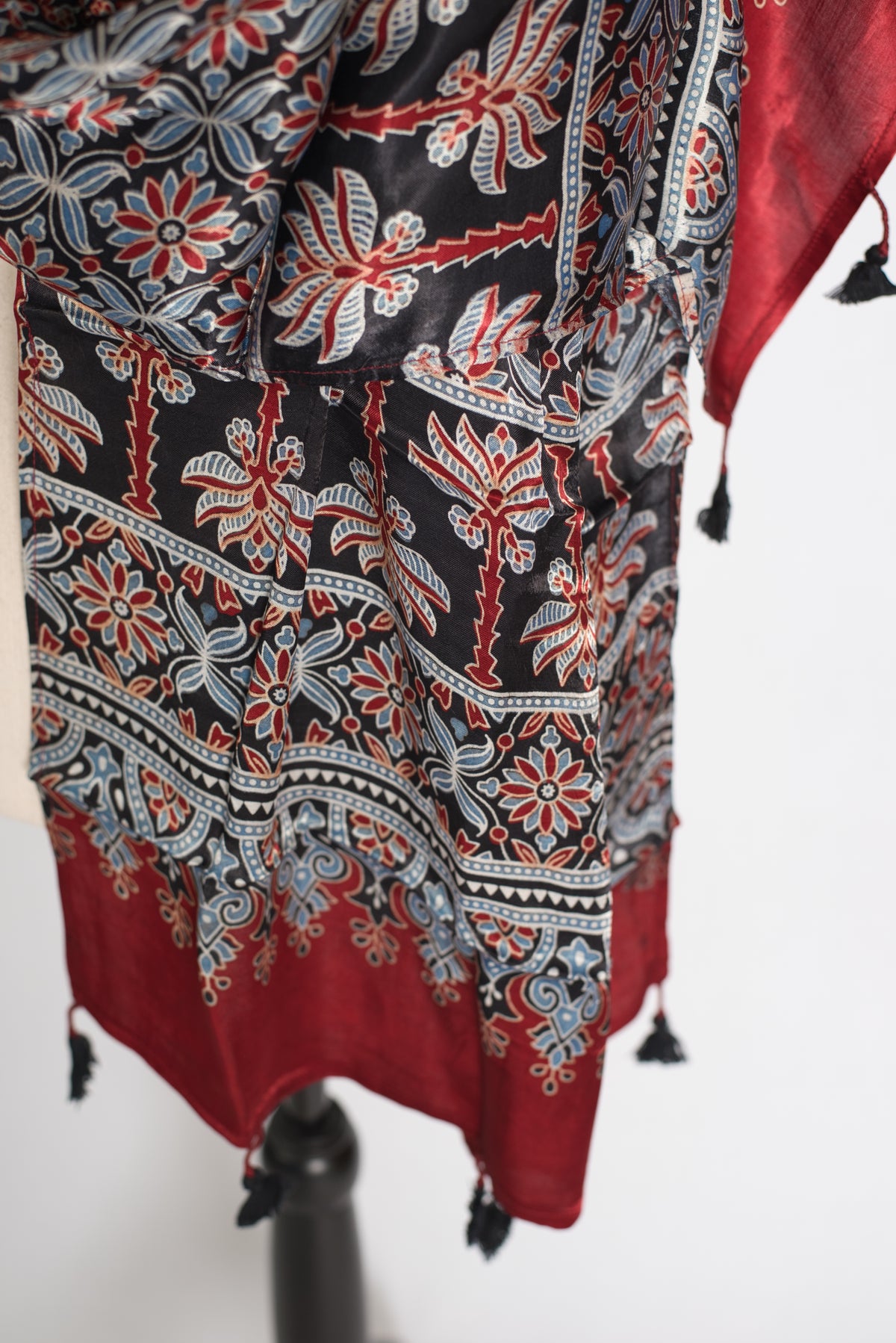 Hand Block Printed Modal Silk Scarf – Luxury Maroon & Black image 5