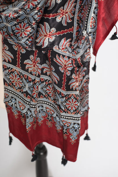 Hand Block Printed Modal Silk Scarf – Luxury Maroon & Black image 5