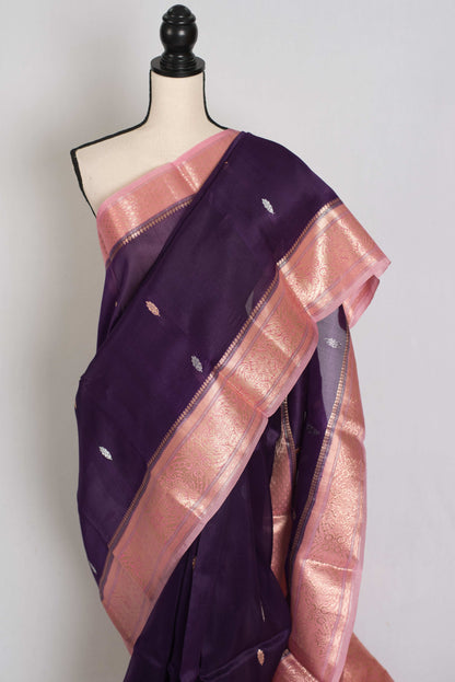 Nandini : Silk Mark Certified Purple with Pink Organza Banarasi Saree image 5