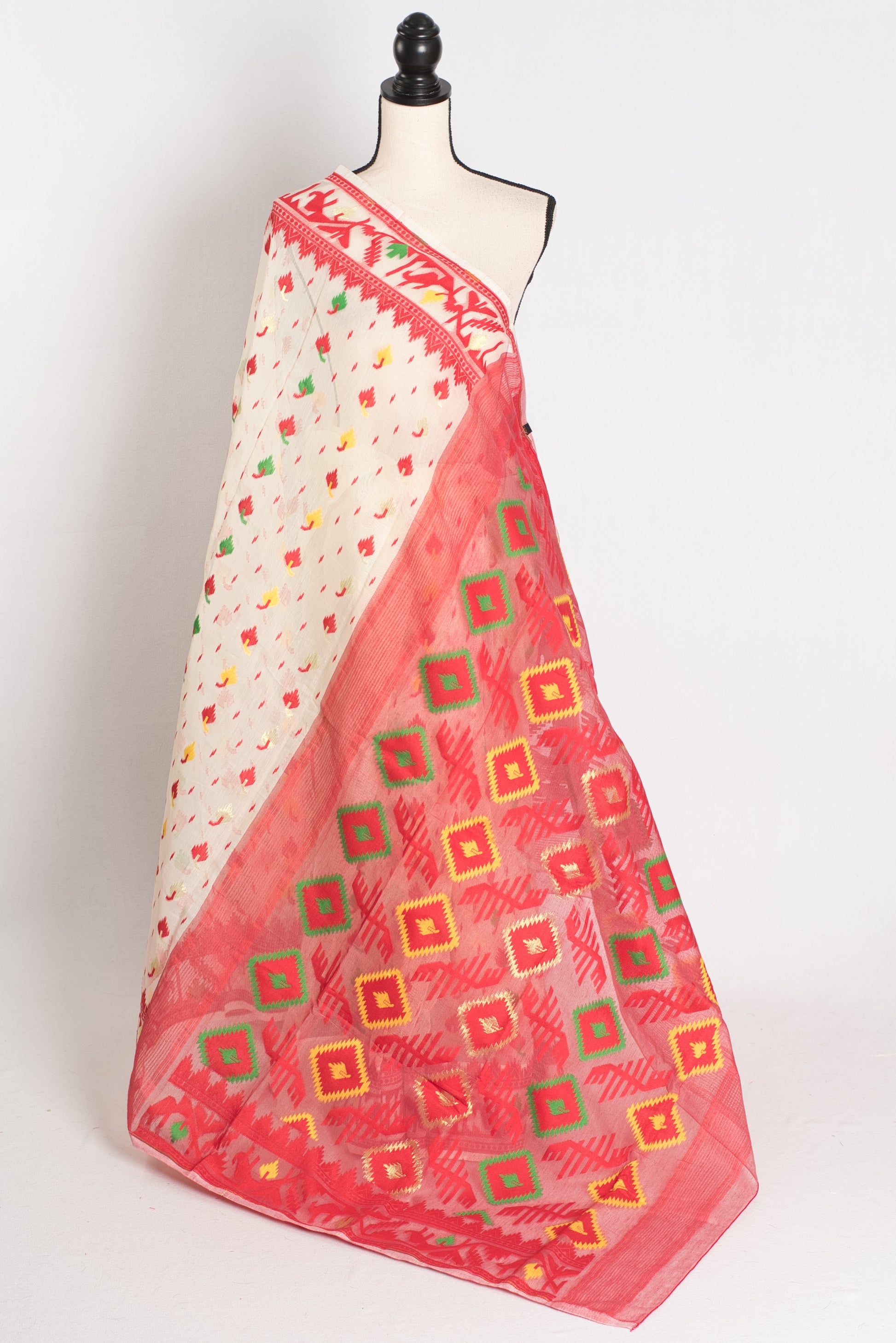 Mitali : Off White and Red Blended Soft Cotton Jamdani Bengali Saree image 1