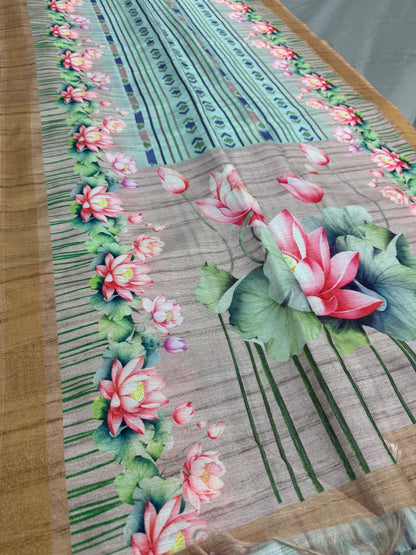 Soma | Sea Green & Earthy Brown Ikkat Fusion Semi Tussar Saree image 0