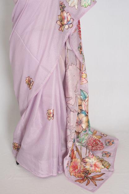 Mouli | Lavender Semi Silk Kota Saree with Designer Floral Applique Work image 6