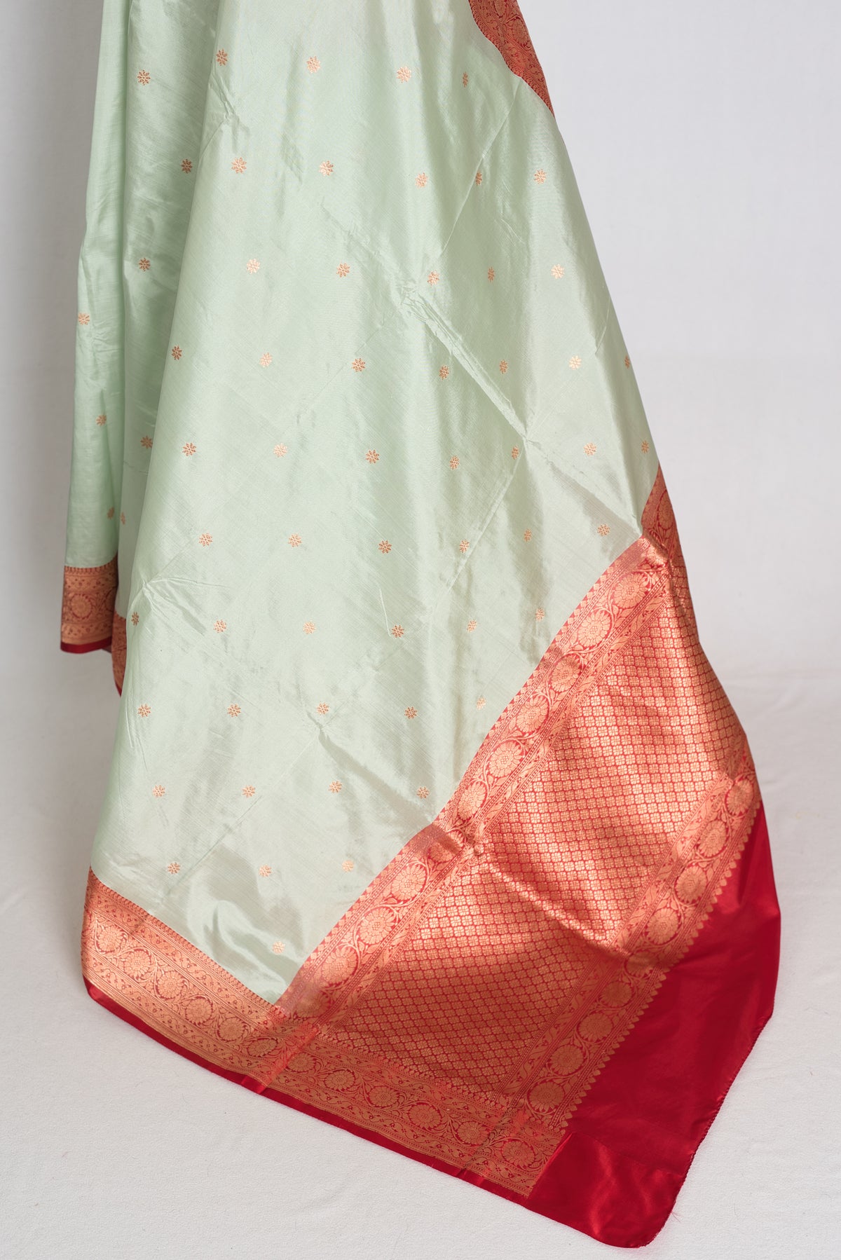 Pastel Green and Red Banarasi saree — detail view