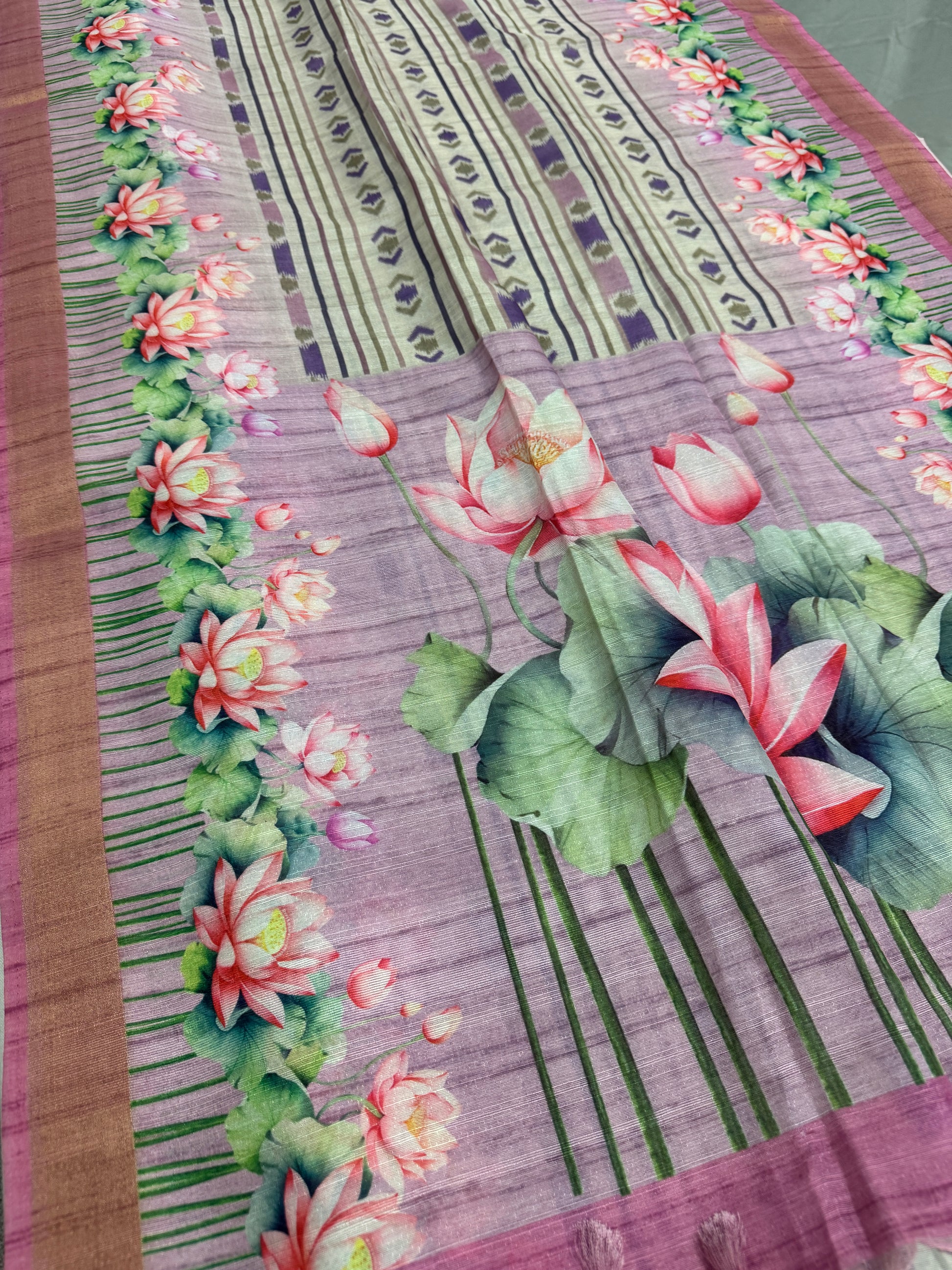 Rai | Off White & Lavender Ikkat Fusion Semi Tussar Saree image 5