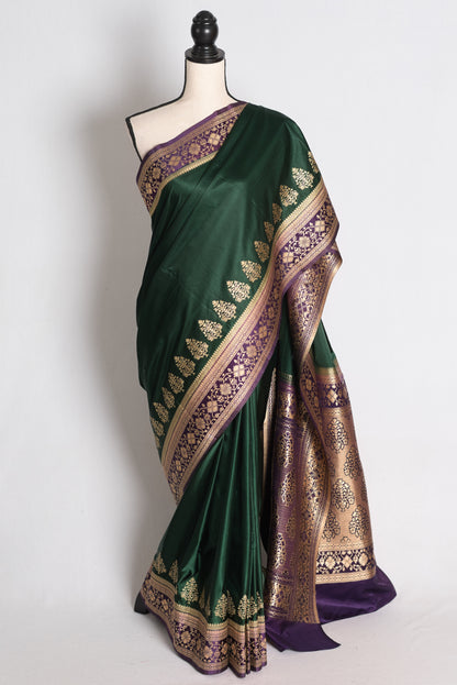 Soi: Bottle Green Semi Mashru Valkalam Banarasi Saree with 40 Size Blouse image 0