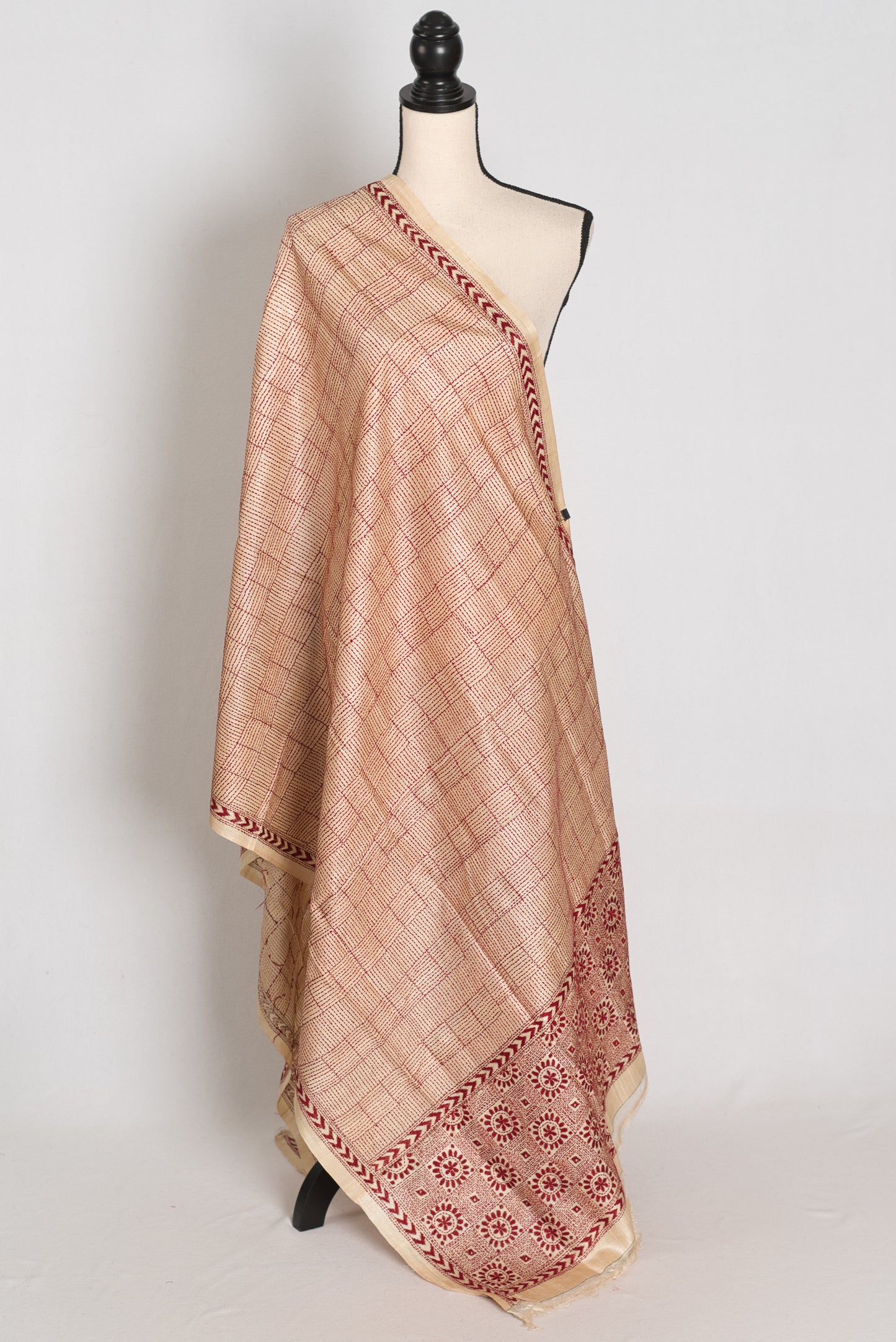 Bengal Kantha Stitch Deep Red Pure Tussar Silk Dupatta & Shawl - Rai image 0