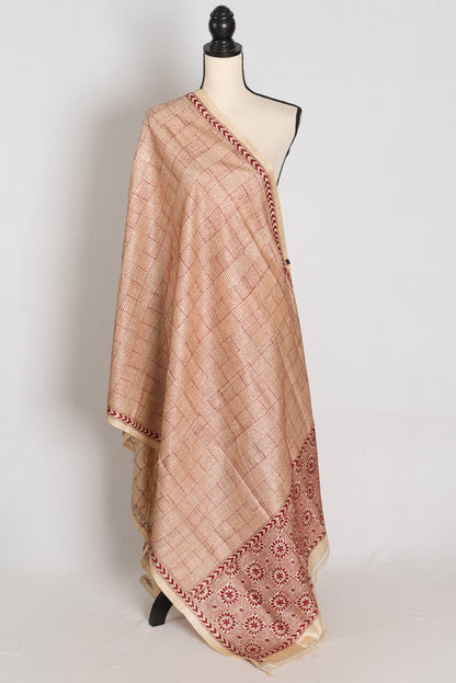 Bengal Kantha Stitch Deep Red Pure Tussar Silk Dupatta & Shawl - Rai image 0