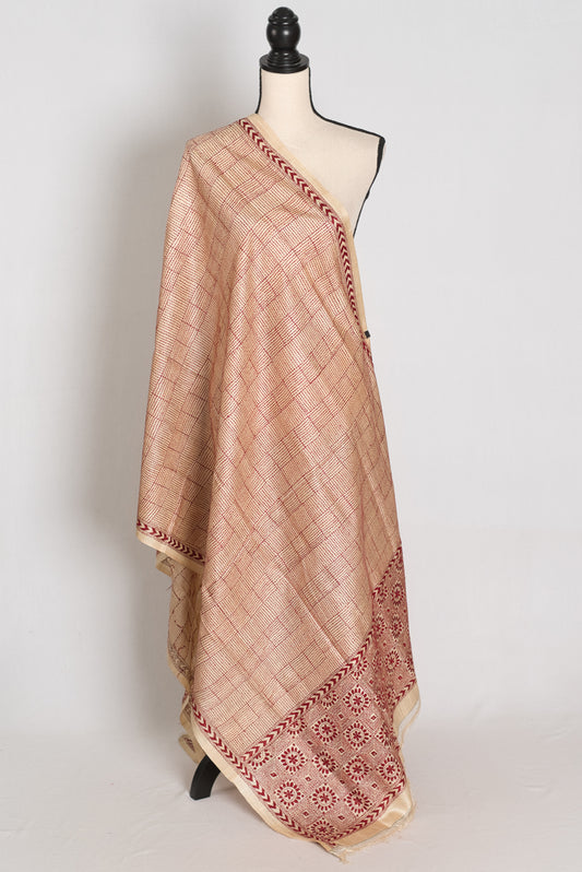Bengal Kantha Stitch Deep Red Pure Tussar Silk Dupatta & Shawl - Rai image 0
