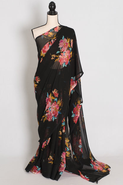 Nita : Black Floral Printed Chiffon Georgette Saree image 0