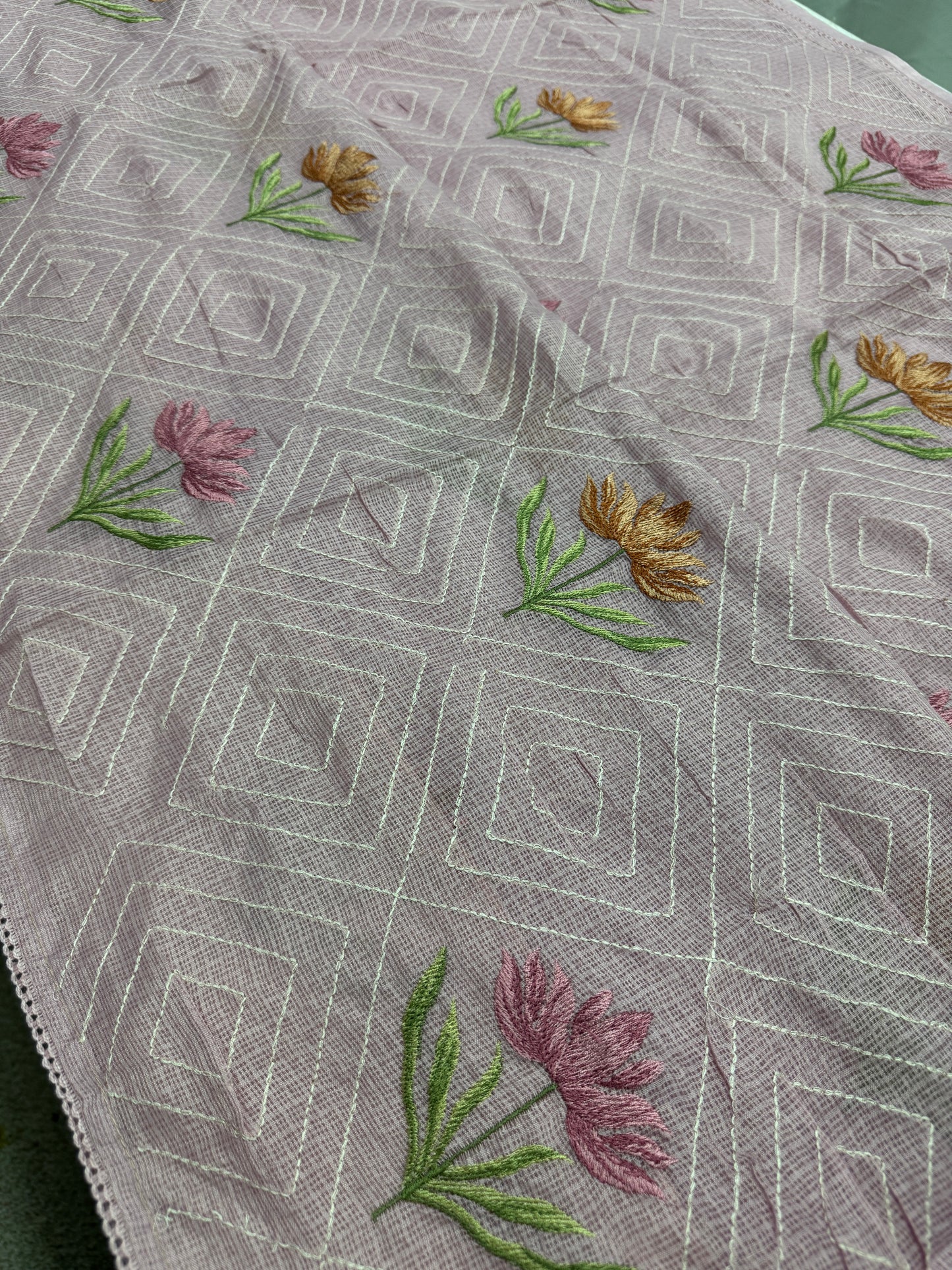 Laila | Soft Lavender Semi Kota Silk Saree | Pastel Floral Machine Embroidery image 3