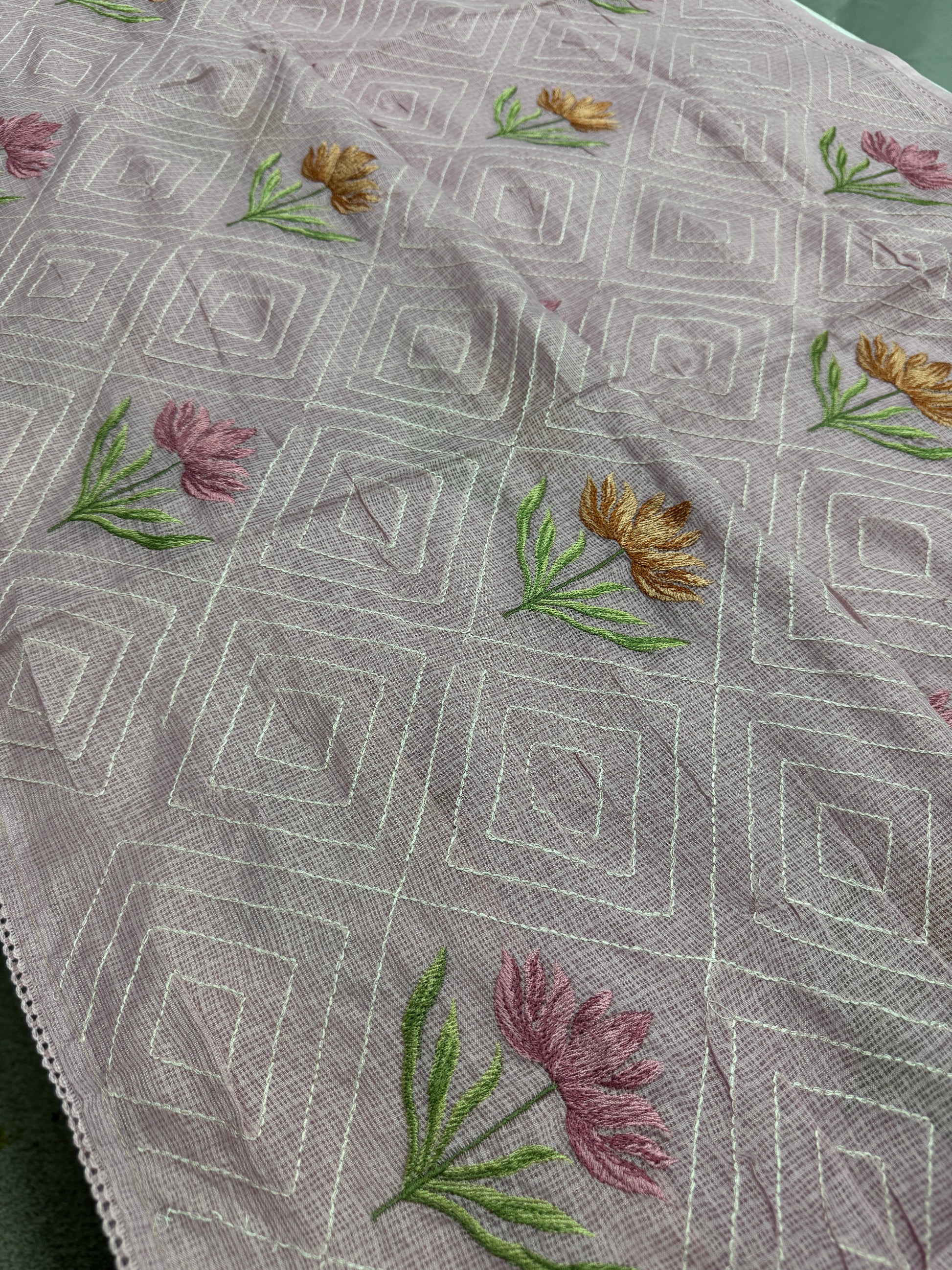 Laila | Soft Lavender Semi Kota Silk Saree | Pastel Floral Machine Embroidery image 3
