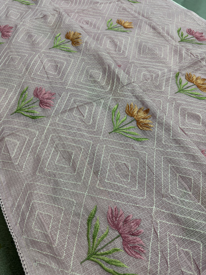 Laila | Soft Lavender Semi Kota Silk Saree | Pastel Floral Machine Embroidery image 3