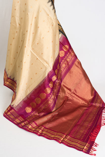 Meera : Ganga Jamuna Border Gadwal Silk Saree in Beige with Purple and Black image 3