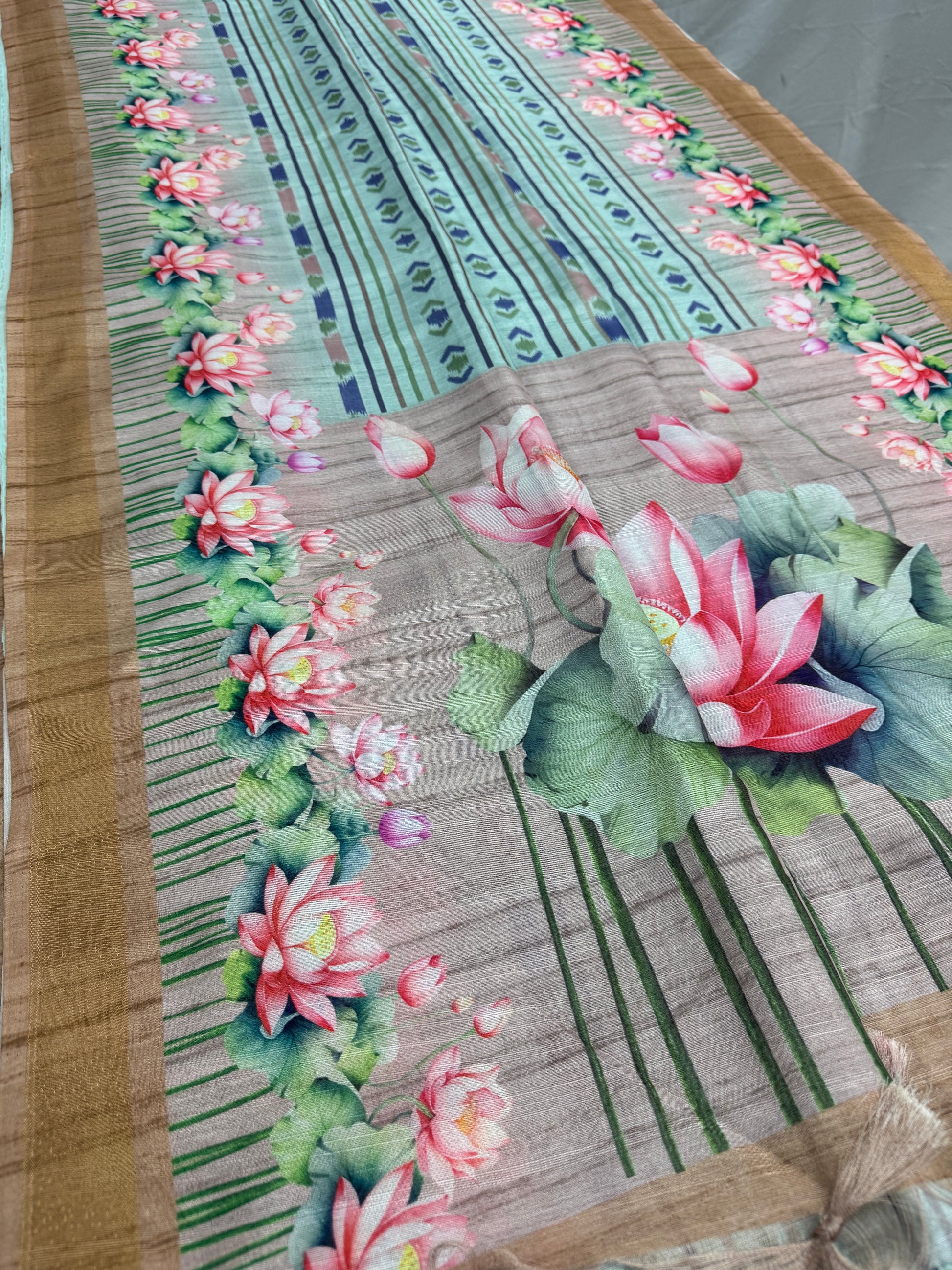 Soma | Sea Green & Earthy Brown Ikkat Fusion Semi Tussar Saree image 3