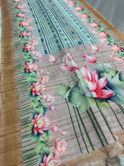 Soma | Sea Green & Earthy Brown Ikkat Fusion Semi Tussar Saree image 3