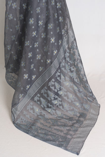 Aman : Cloud Grey Soft Blended Cotton Bengali Jamdani Saree image 3