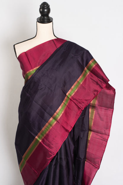 Nisha :Midnight Blue Pure Silk No Zari Kanjivaram Saree with Thread Work image 3