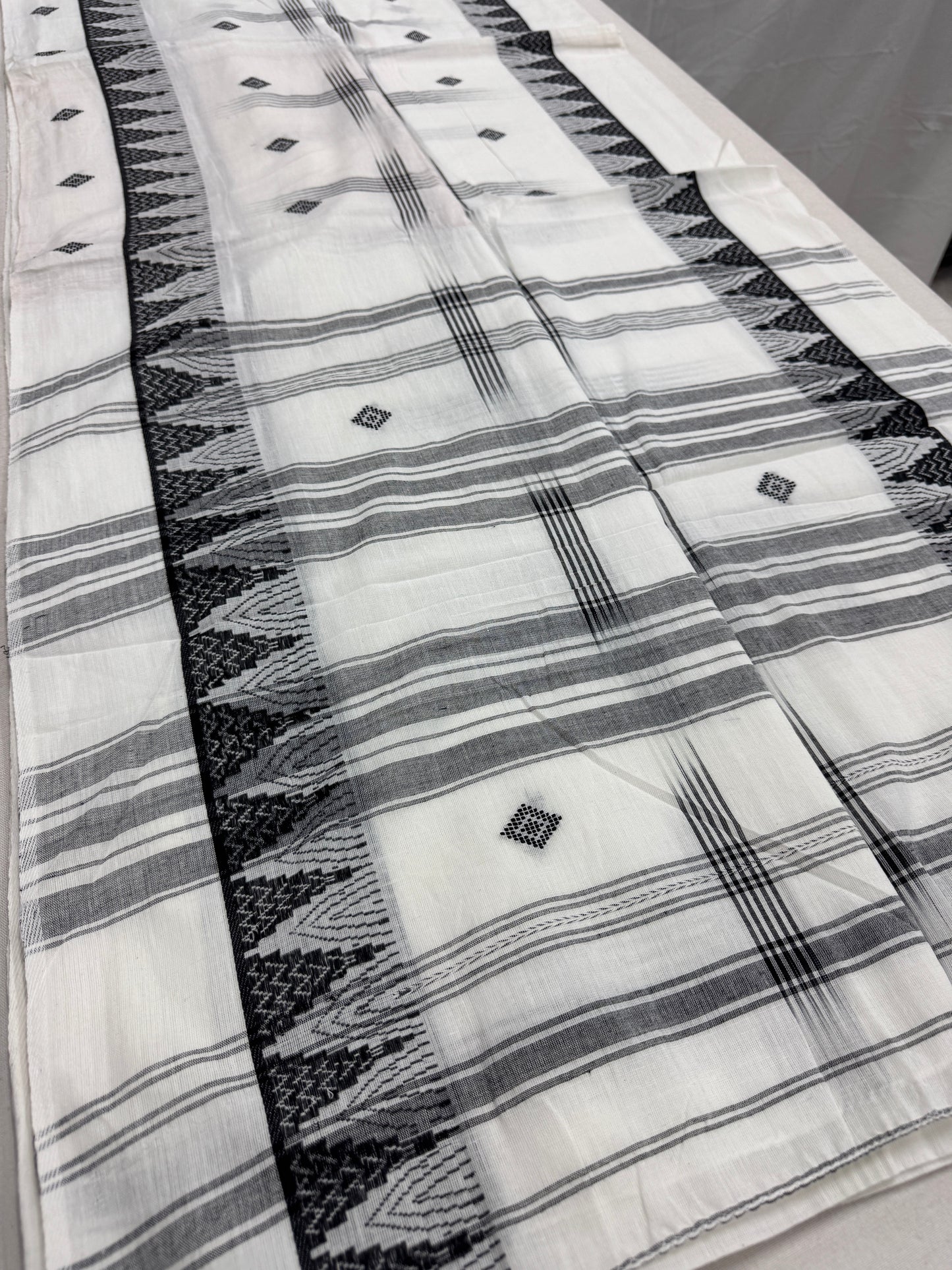 Maya : Off White and Black Soft Cotton Dhaniakhali Saree with Temple Border image 7