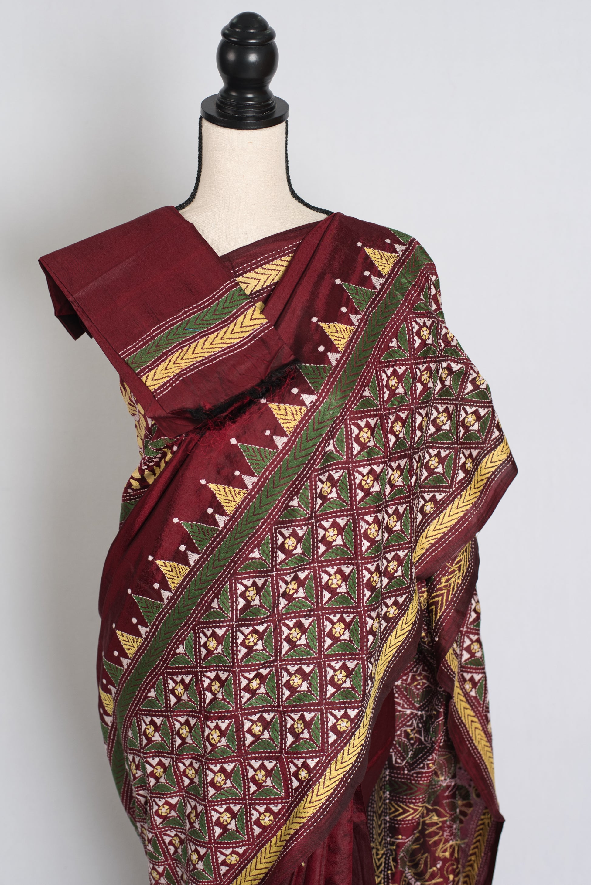 Bina : Dark Red Silk Mark Certified Hand Embroidery Kantha Stitch Saree image 2