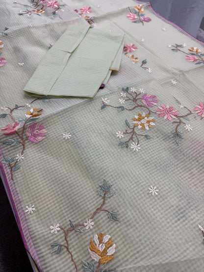 Ragini | Sea Green & Pink Floral Embroidery Blended Cotton Kota Saree image 3