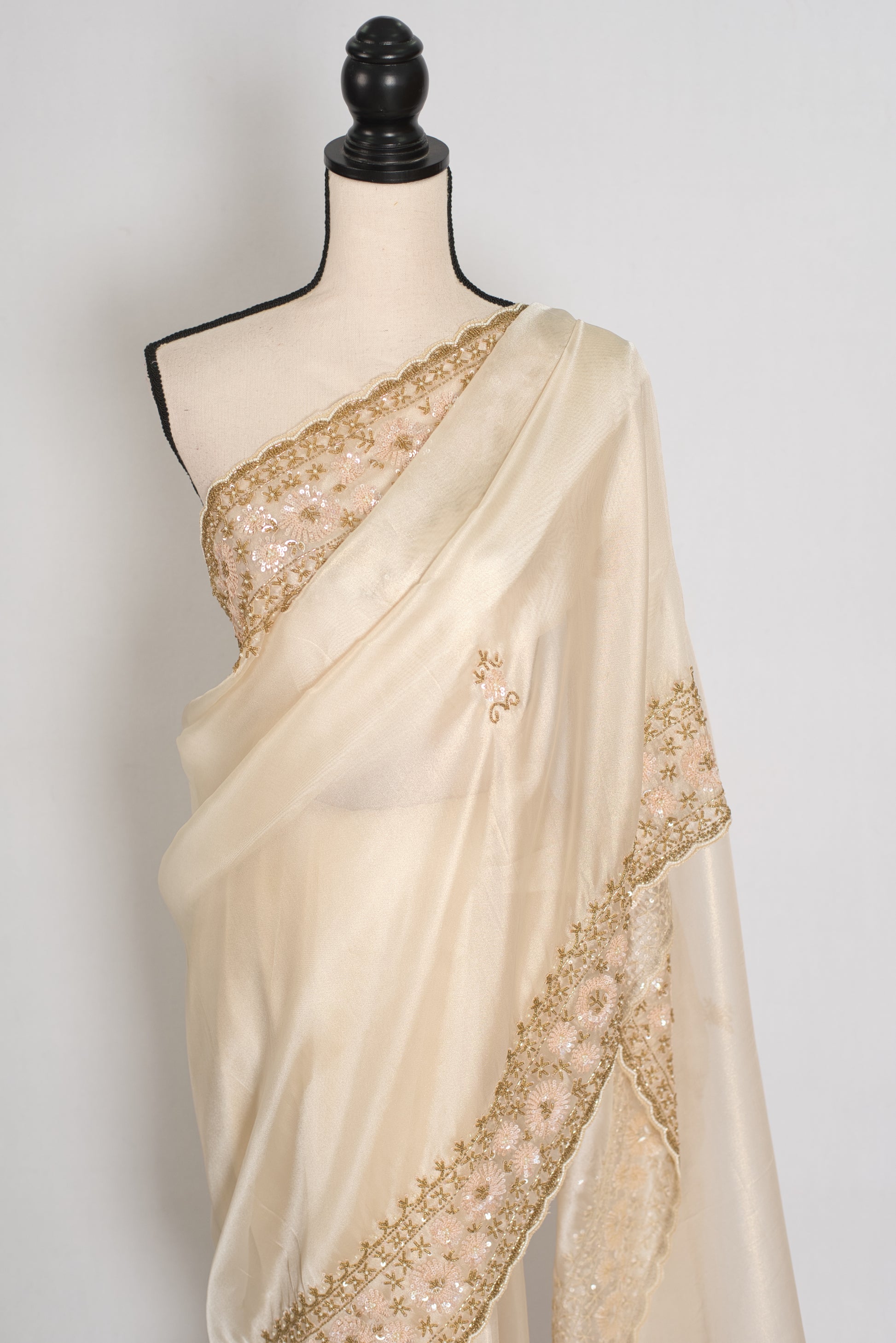 Shruti | Cream & Gold Soft Tissue Embroidered Wedding Saree | Pastel Collection image 5