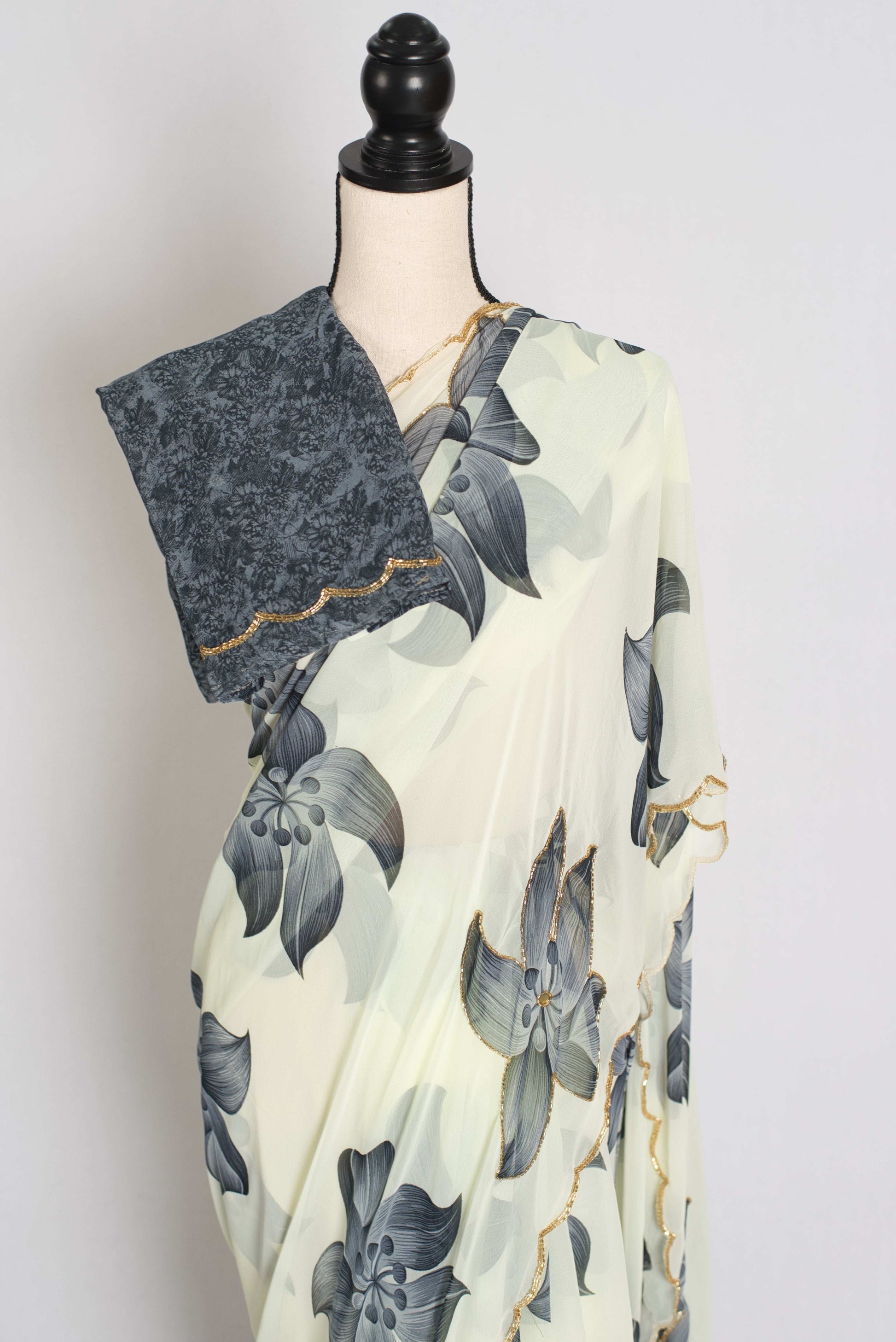 Nibha : Pale Yellow and Gray Floral Georgette Designer Embroidery Saree image 2