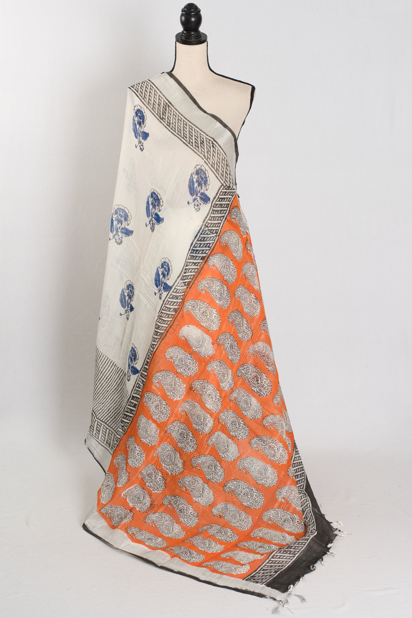 Madhuri: White & Blue Hand Block Printed Saree | Soft Linen Cotton image 1