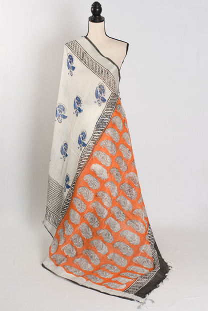 Madhuri: White & Blue Hand Block Printed Saree | Soft Linen Cotton image 1